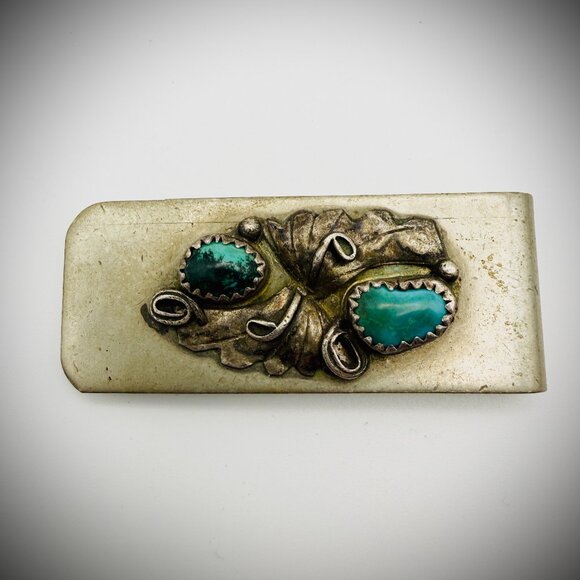 Vintage Turquoise Leaf Motif Money Clip Silver Tone 1.75" - Picture 1 of 2